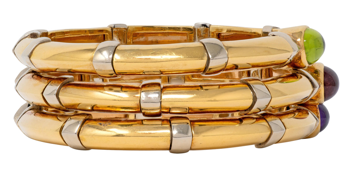 Bulgari 1970's Multi-Gem 18 Karat Gold Vintage Stacked Tri-Strand Cuff Bracelet