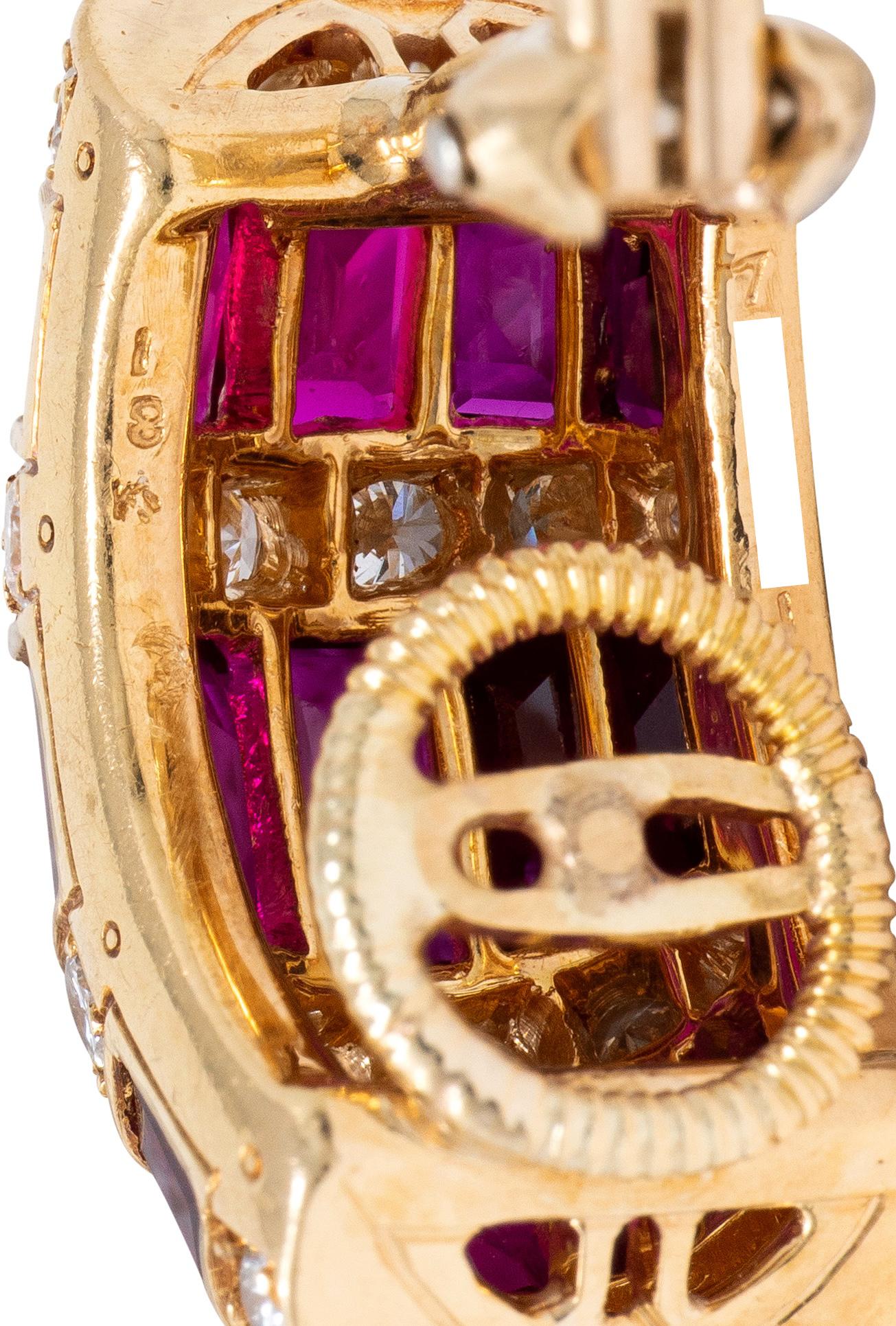 Oscar Heyman 1980's Ruby Diamond 18K Gold Vintage J-Hoop Ear-Clip Earrings