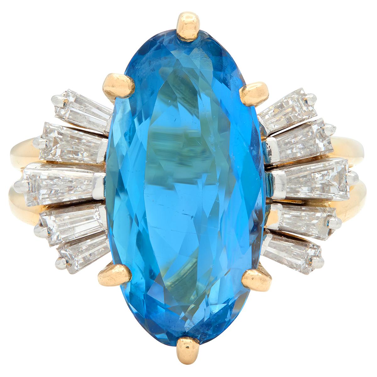 Oscar Heyman Aquamarine Diamond 18K Yellow Gold Platinum Vintage Cocktail Ring