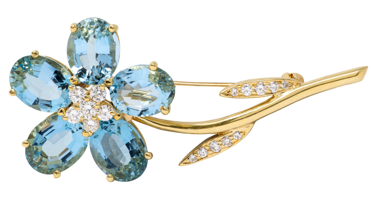 Tiffany & Co. Diamond Aquamarine 18 Karat Yellow Gold Vintage Flower Brooch