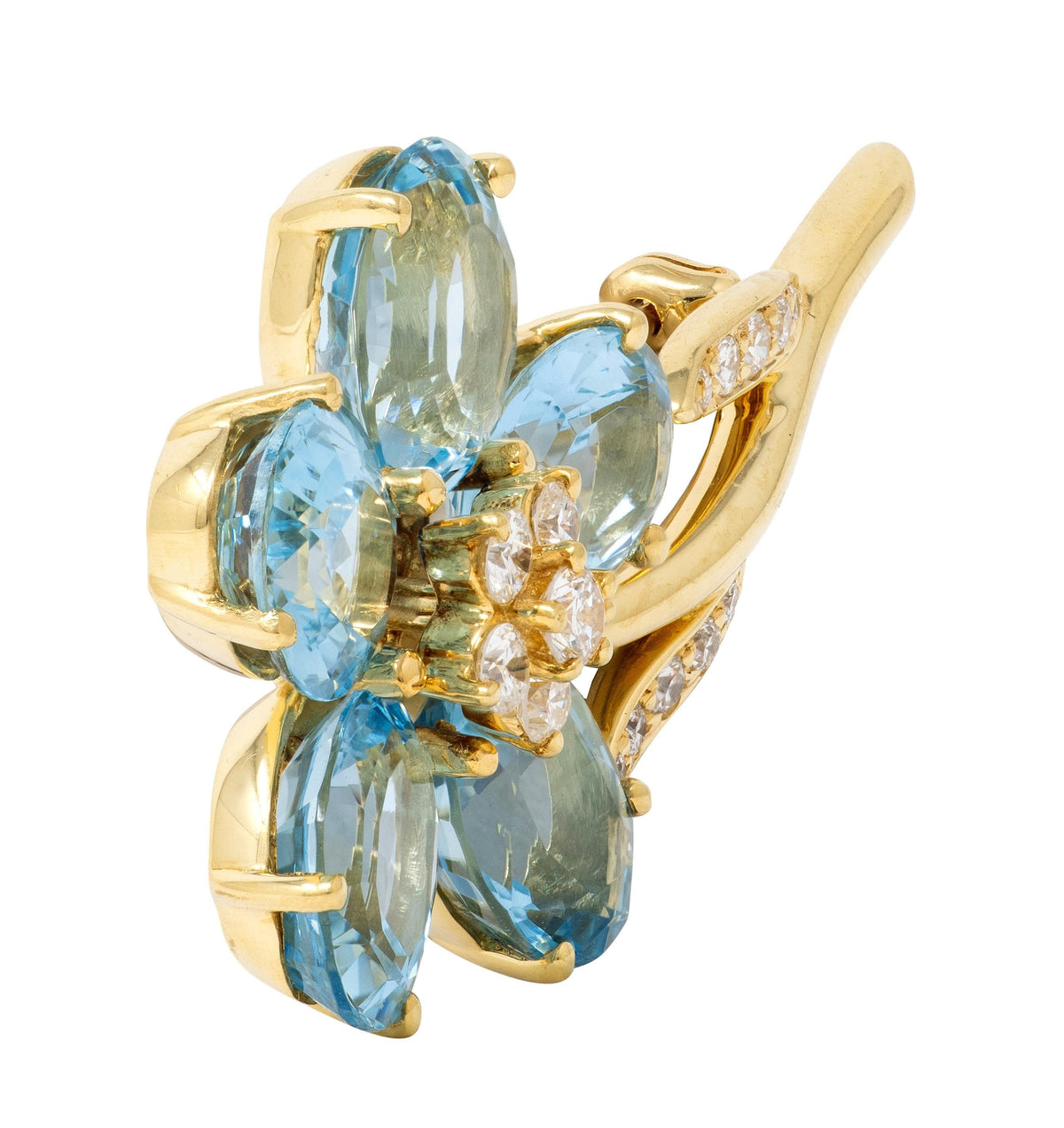 Tiffany & Co. Diamond Aquamarine 18 Karat Yellow Gold Vintage Flower Brooch