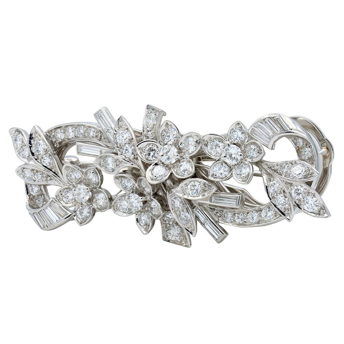 Tiffany & Co. Mid-Century Diamond Platinum Vintage Floral Ribbon Brooch Clip Set