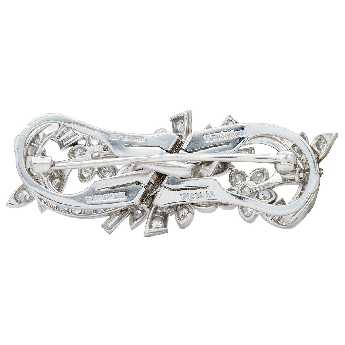 Tiffany & Co. Mid-Century Diamond Platinum Vintage Floral Ribbon Brooch Clip Set