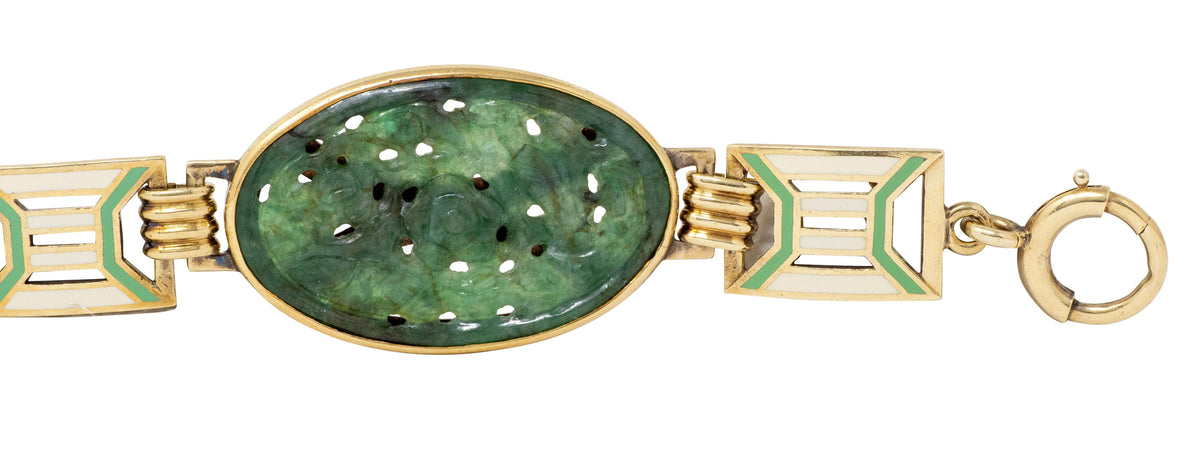 Art Deco Carved Jade Enamel 14 Karat Yellow Gold Fancy Link Vintage Bracelet