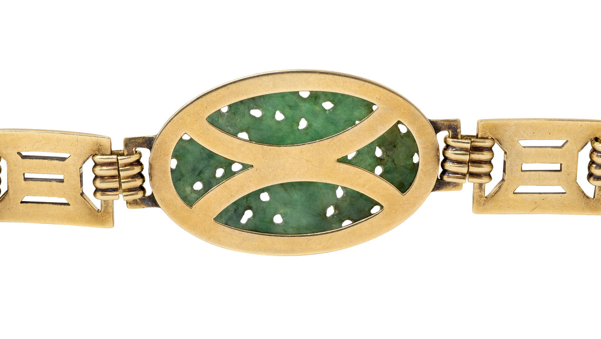 Art Deco Carved Jade Enamel 14 Karat Yellow Gold Fancy Link Vintage Bracelet