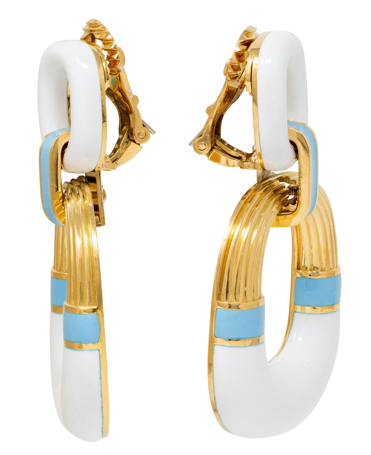 David Webb Contemporary Enamel 18K Gold Radiator Door Knocker Ear-Clip Earrings