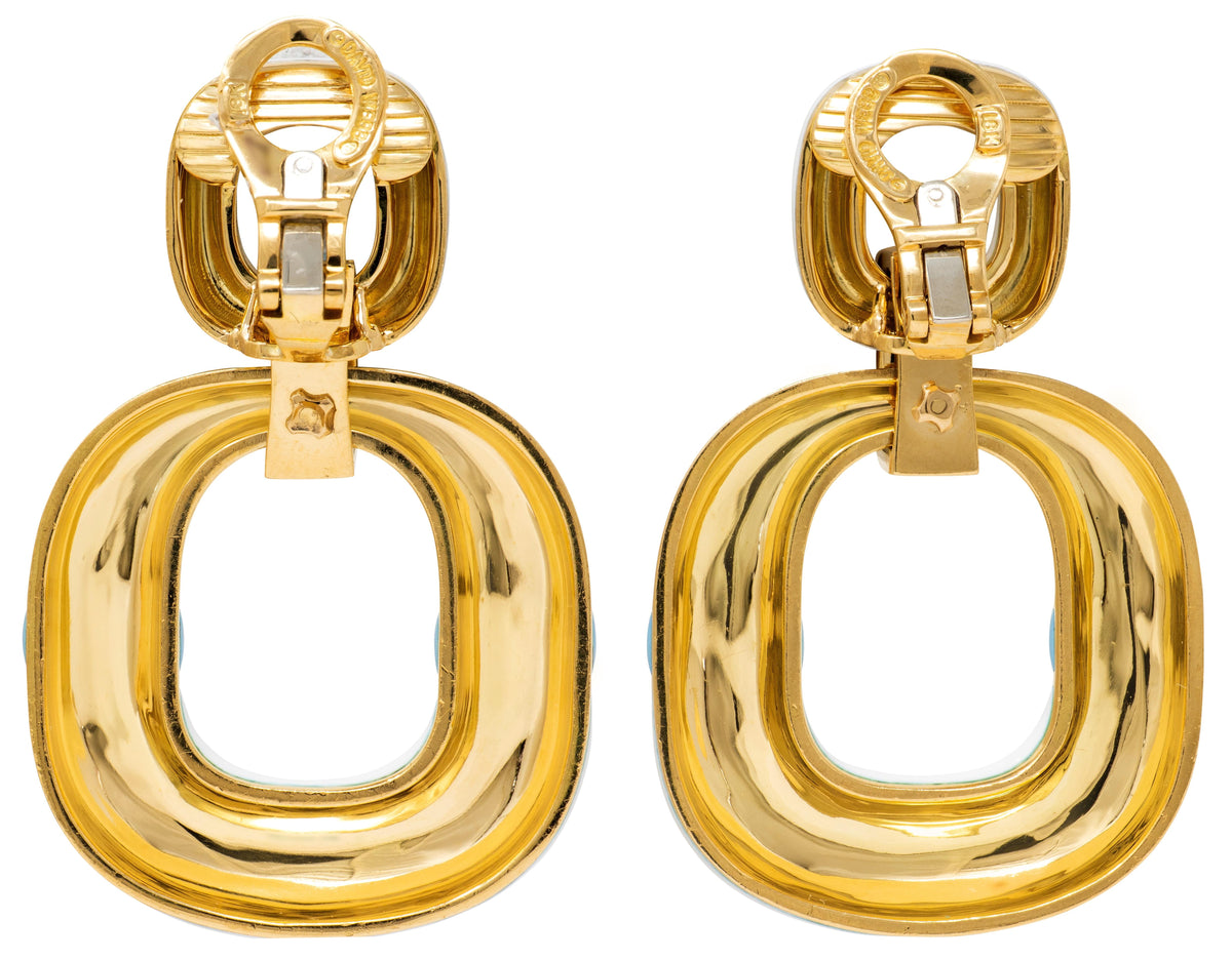 David Webb Contemporary Enamel 18K Gold Radiator Door Knocker Ear-Clip Earrings