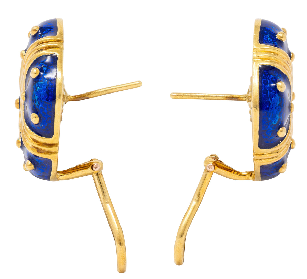 1980's Blue Enamel 18 Karat Yellow Gold Vintage Cushion Earrings