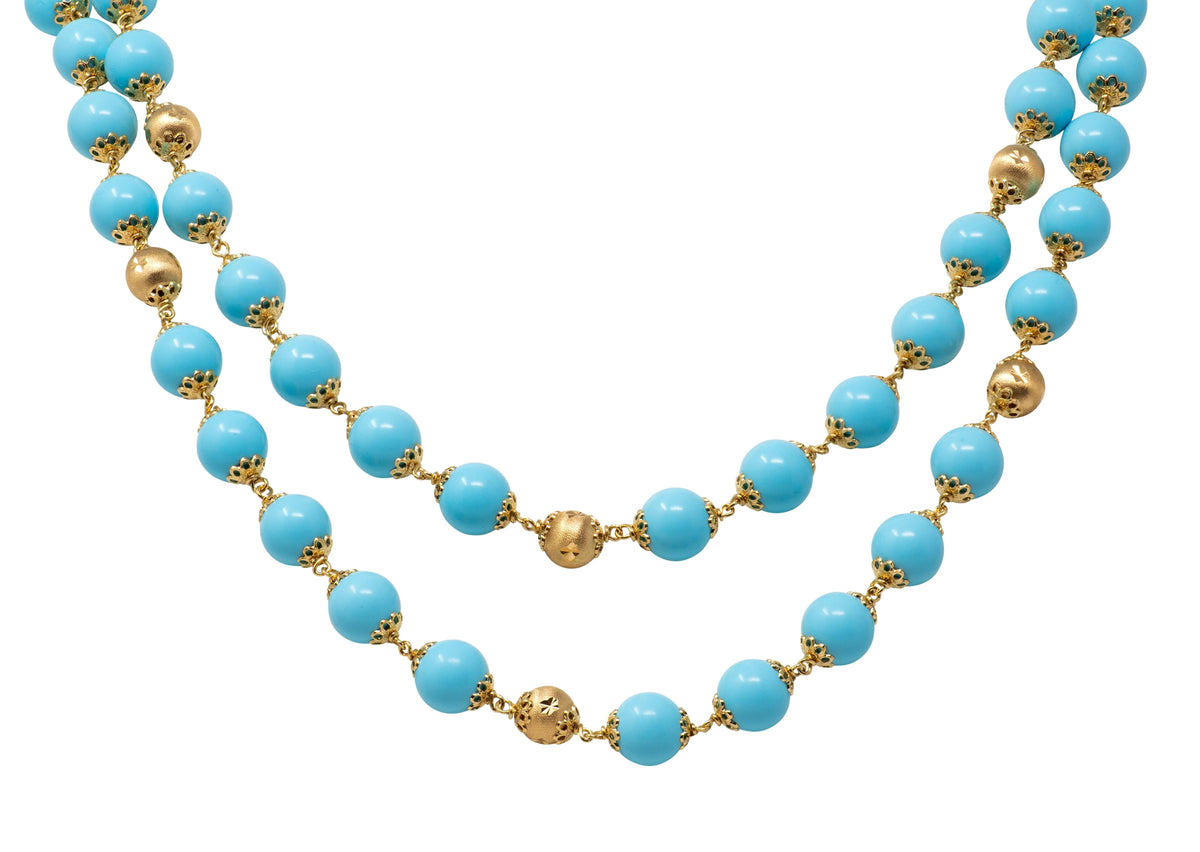 1960's Turquoise 18 Karat Yellow Gold Vintage Beaded Strand Necklace