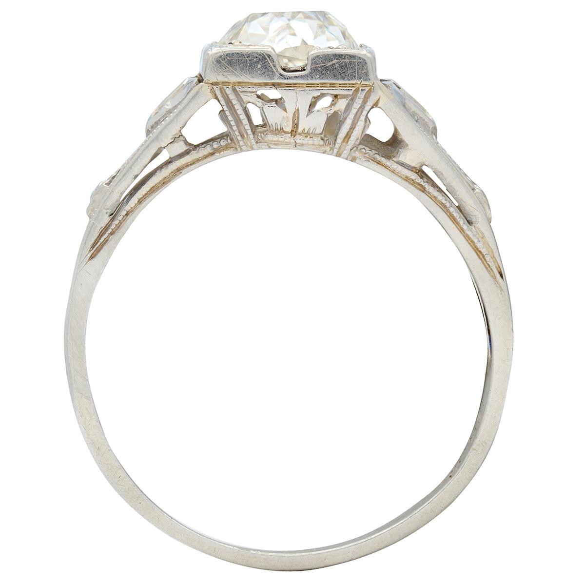 Art Deco Old Mine Diamond 18 Karat White Gold Antique Lotus Engagement Ring GIA