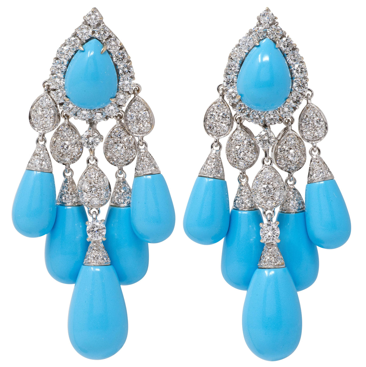 2010's Turquoise Diamond 18K Gold Contemporary Chandelier Ear-Clip Earrings