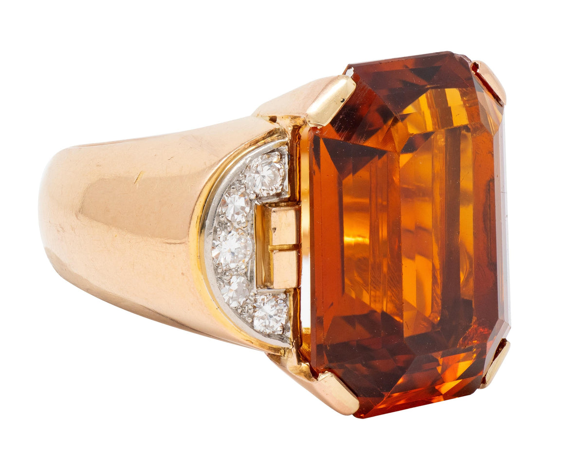 French 1939 Citrine Diamond 18 Karat Rose Gold Platinum Vintage Cocktail Ring