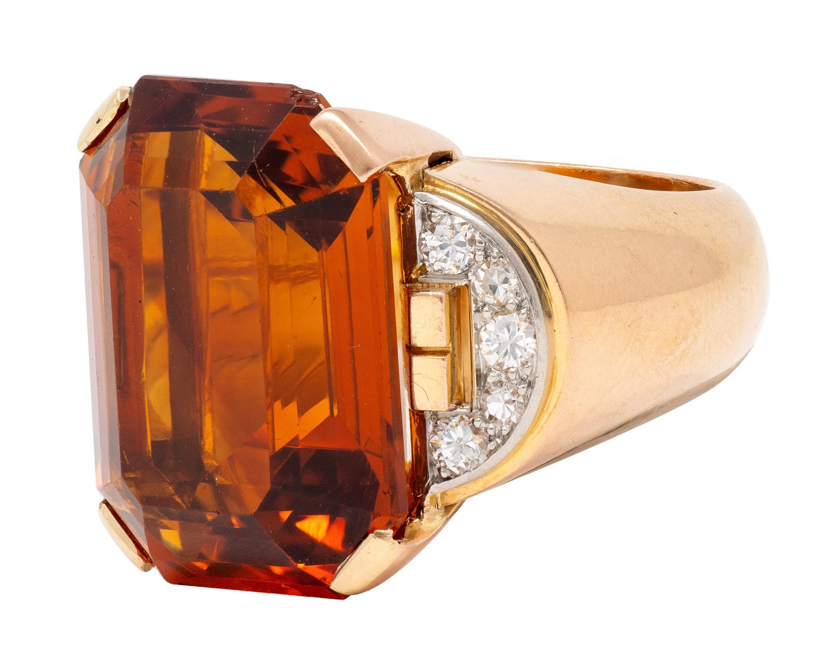 French 1939 Citrine Diamond 18 Karat Rose Gold Platinum Vintage Cocktail Ring