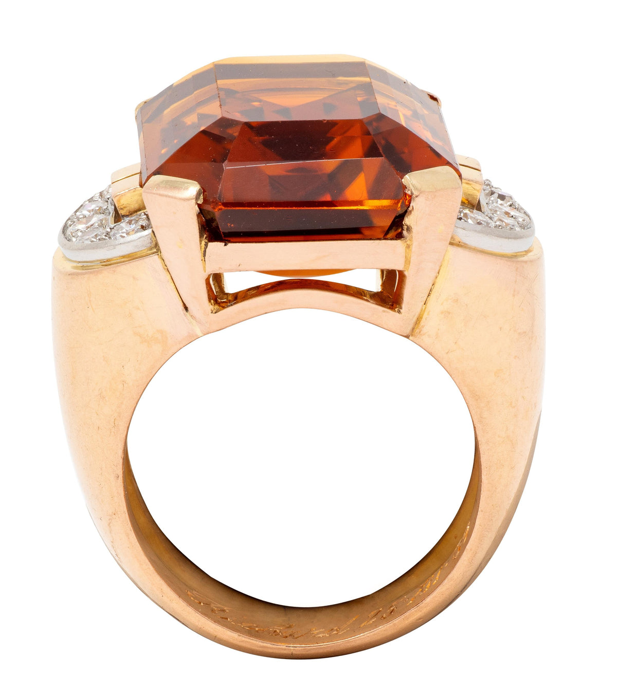 French 1939 Citrine Diamond 18 Karat Rose Gold Platinum Vintage Cocktail Ring