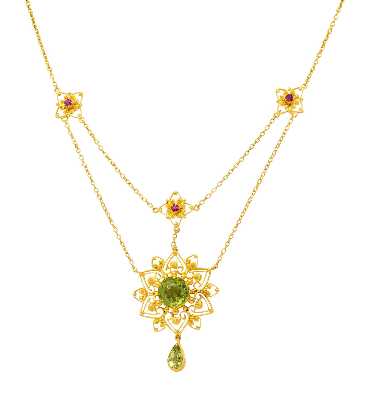 Victorian Peridot Ruby 14 Karat Yellow Gold Antique Starburst Swagged Necklace