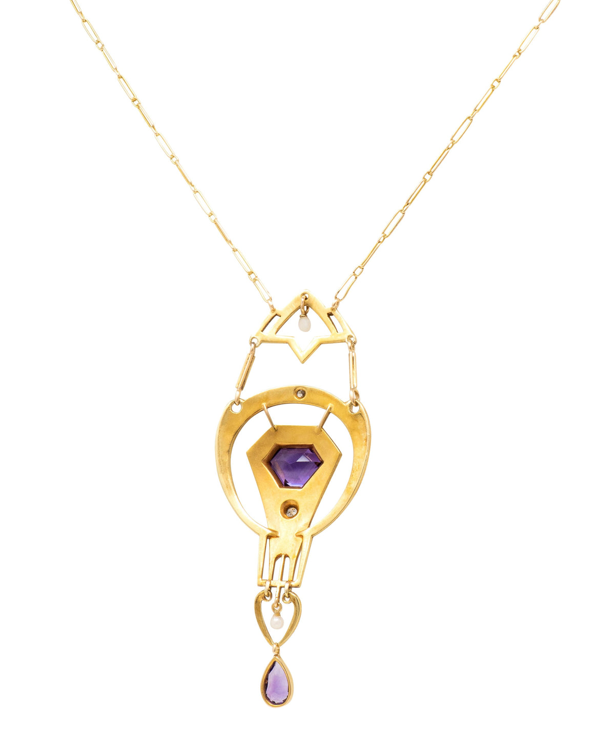 Art Nouveau Amethyst Diamond Pearl Enamel 14K Gold Antique Suffragette Necklace