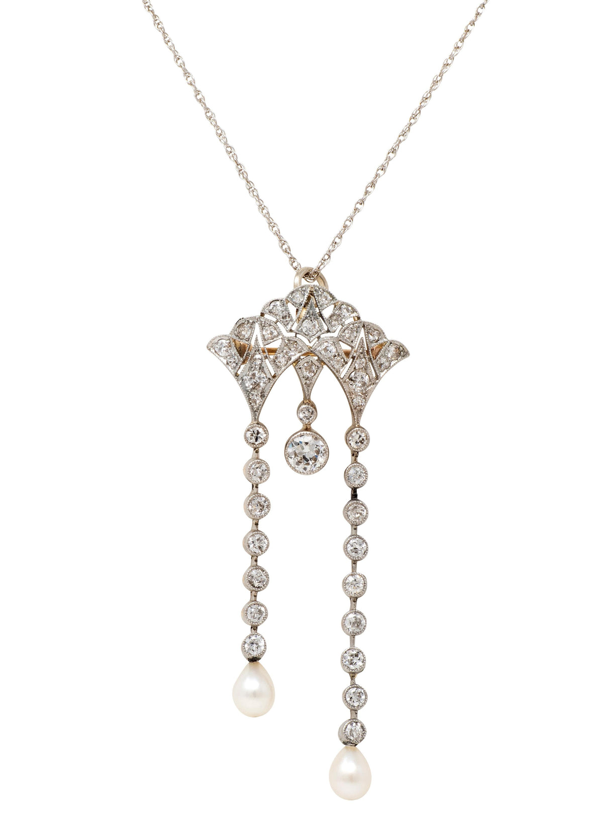 Edwardian Diamond Pearl 14K Gold Platinum Antique Fan Brooch Pendant Necklace