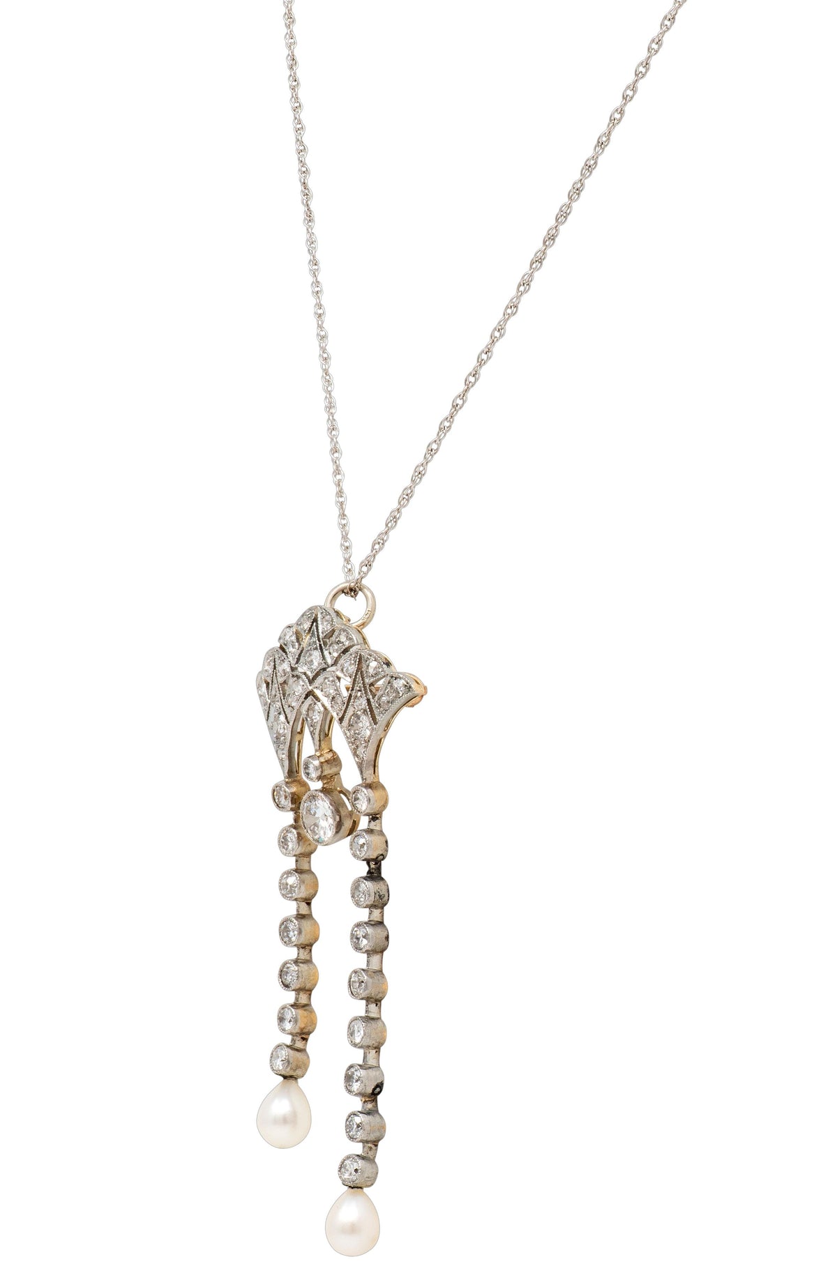 Edwardian Diamond Pearl 14K Gold Platinum Antique Fan Brooch Pendant Necklace