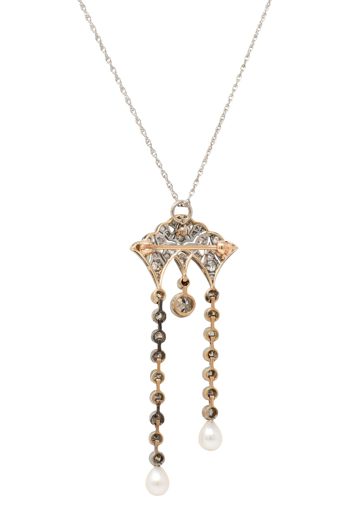 Edwardian Diamond Pearl 14K Gold Platinum Antique Fan Brooch Pendant Necklace