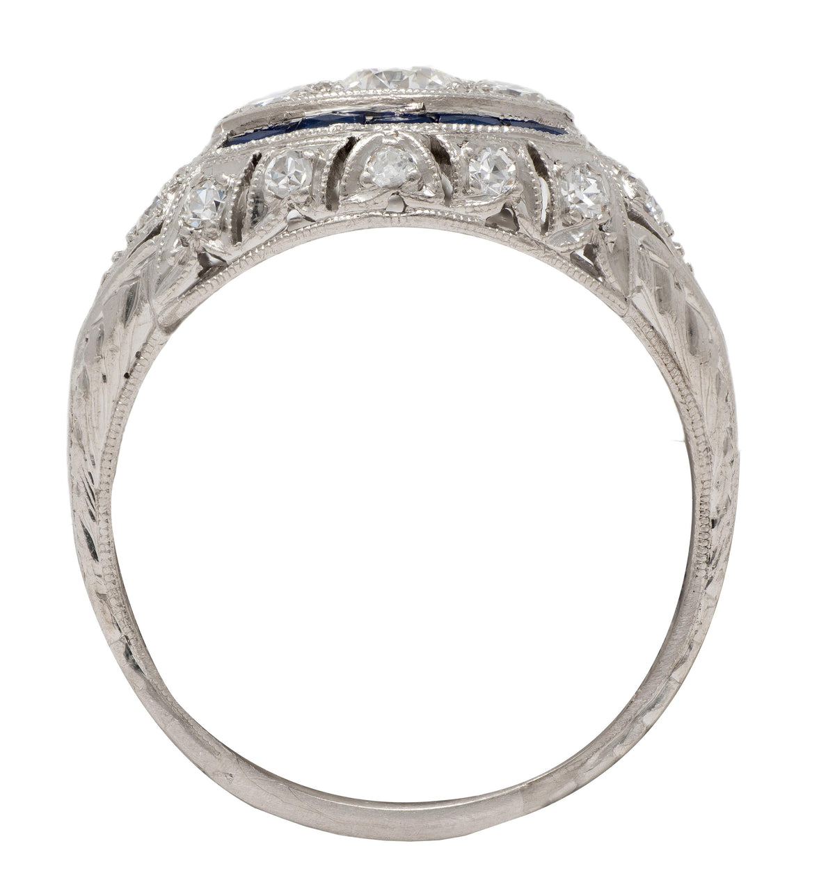 Katz Ogush Art Deco European Diamond Platinum Vintage Foliate Bombé Dinner Ring