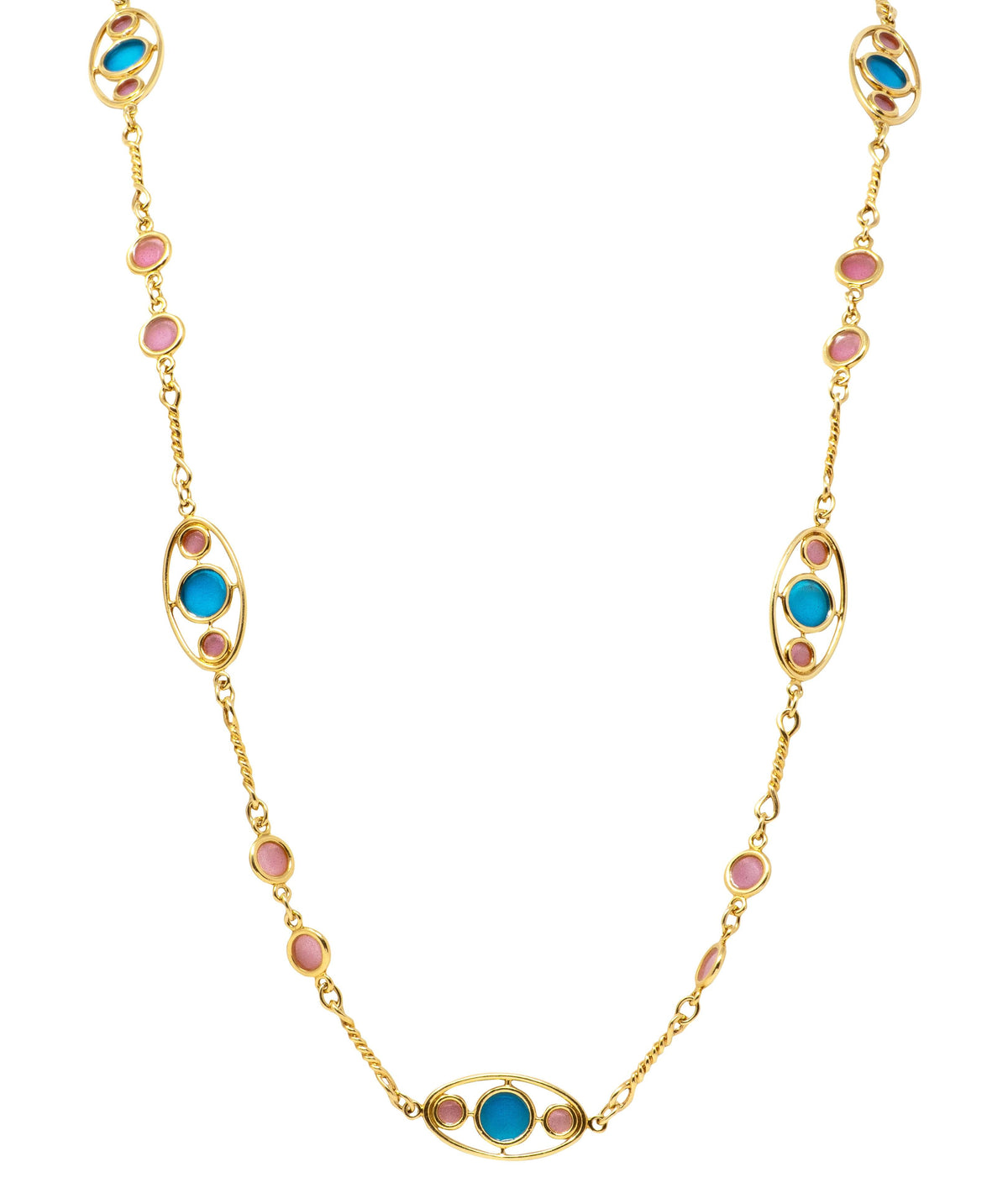 1980's Plique-Á-Jour Enamel 18K Yellow Gold Vintage Fancy Link Station Necklace