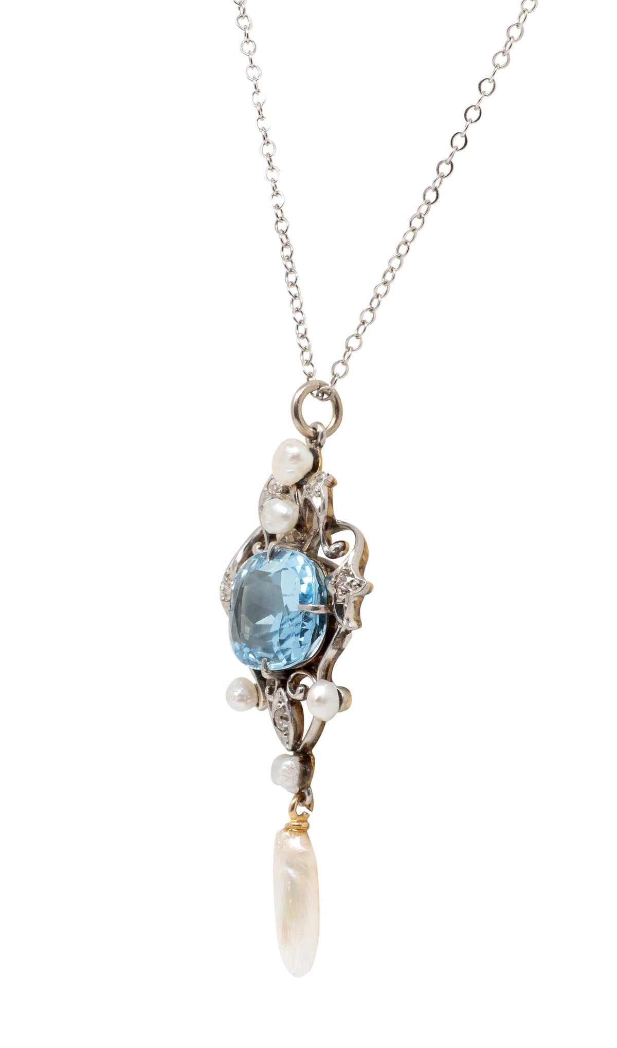 Art Nouveau Aquamarine Diamond Pearl 14K Gold Platinum Antique Heart Necklace