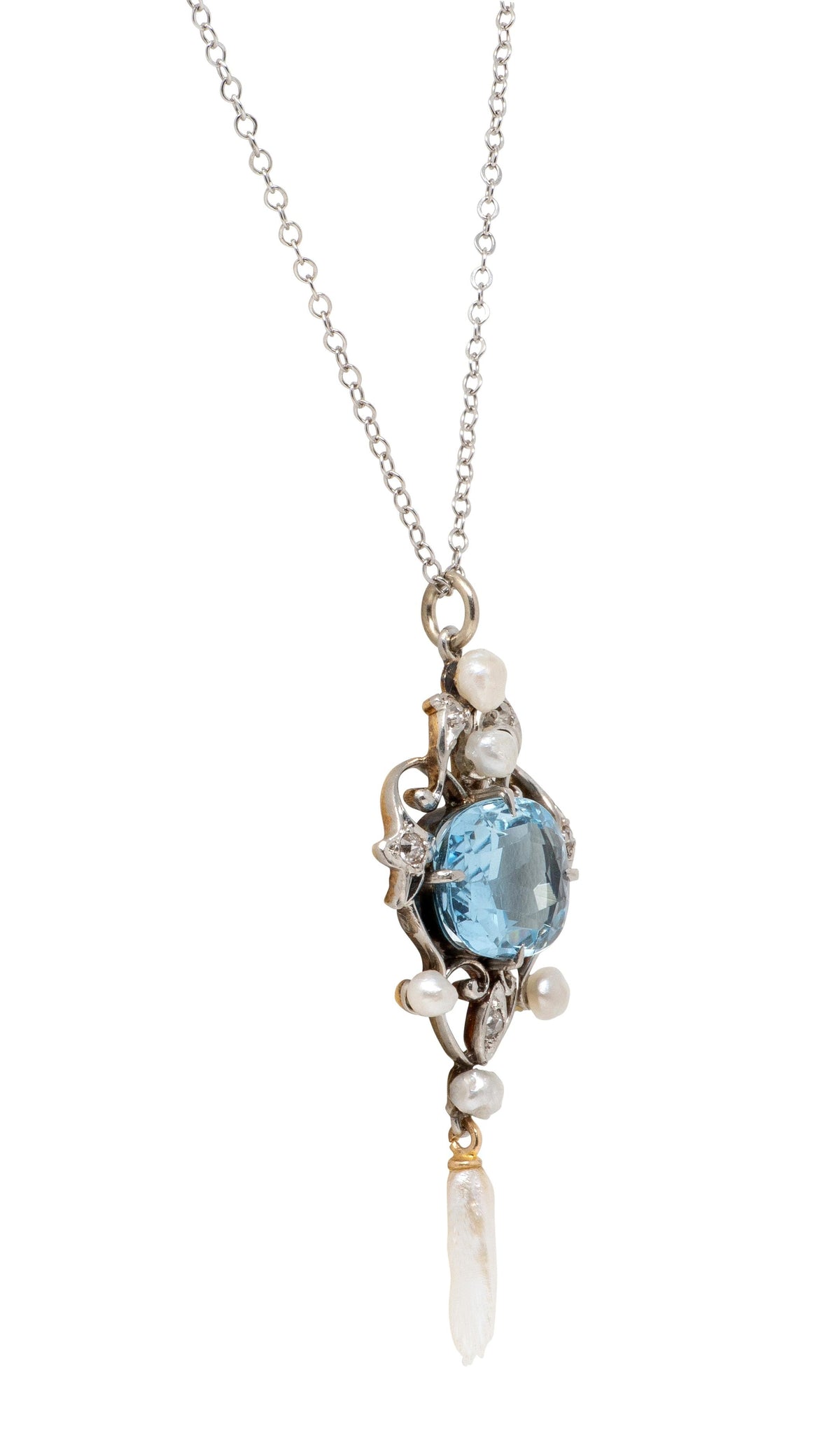 Art Nouveau Aquamarine Diamond Pearl 14K Gold Platinum Antique Heart Necklace