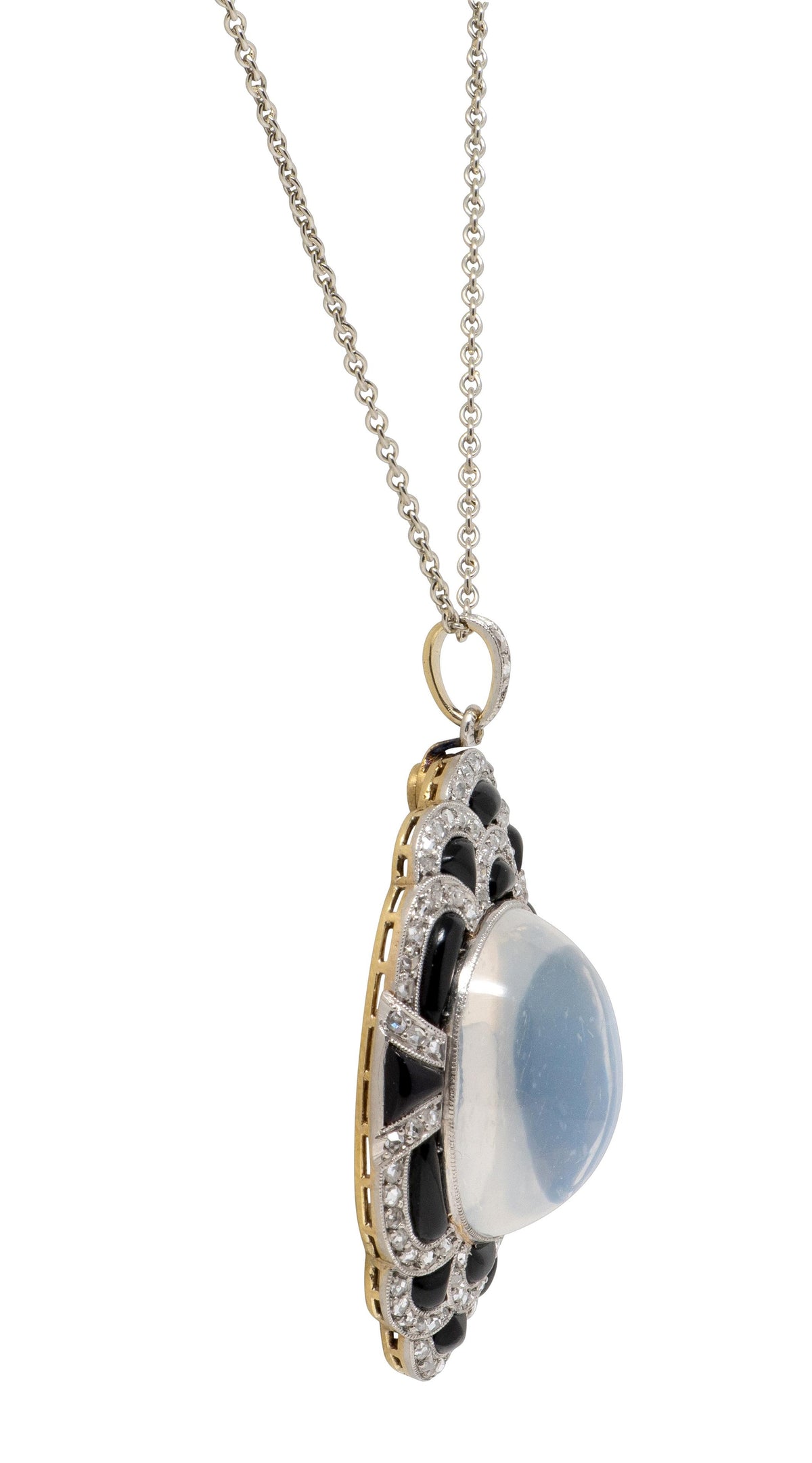 Art Deco Moonstone Diamond Onyx 14K Gold Platinum Vintage Pendant Necklace