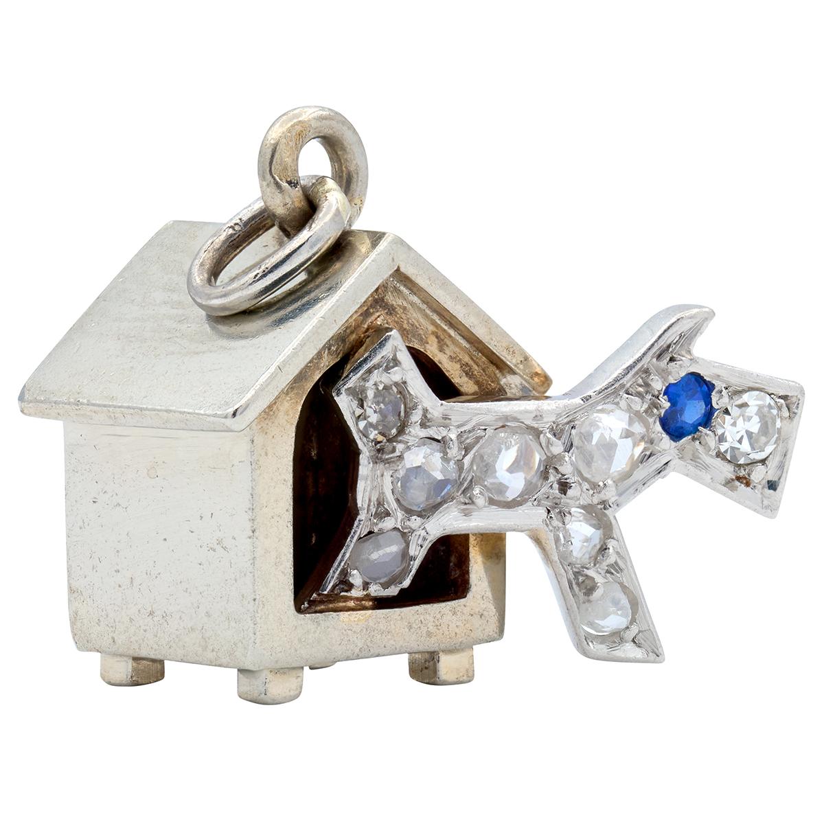 French 1930's Diamond Sapphire 18K White Gold Platinum Vintage Dog House Charm