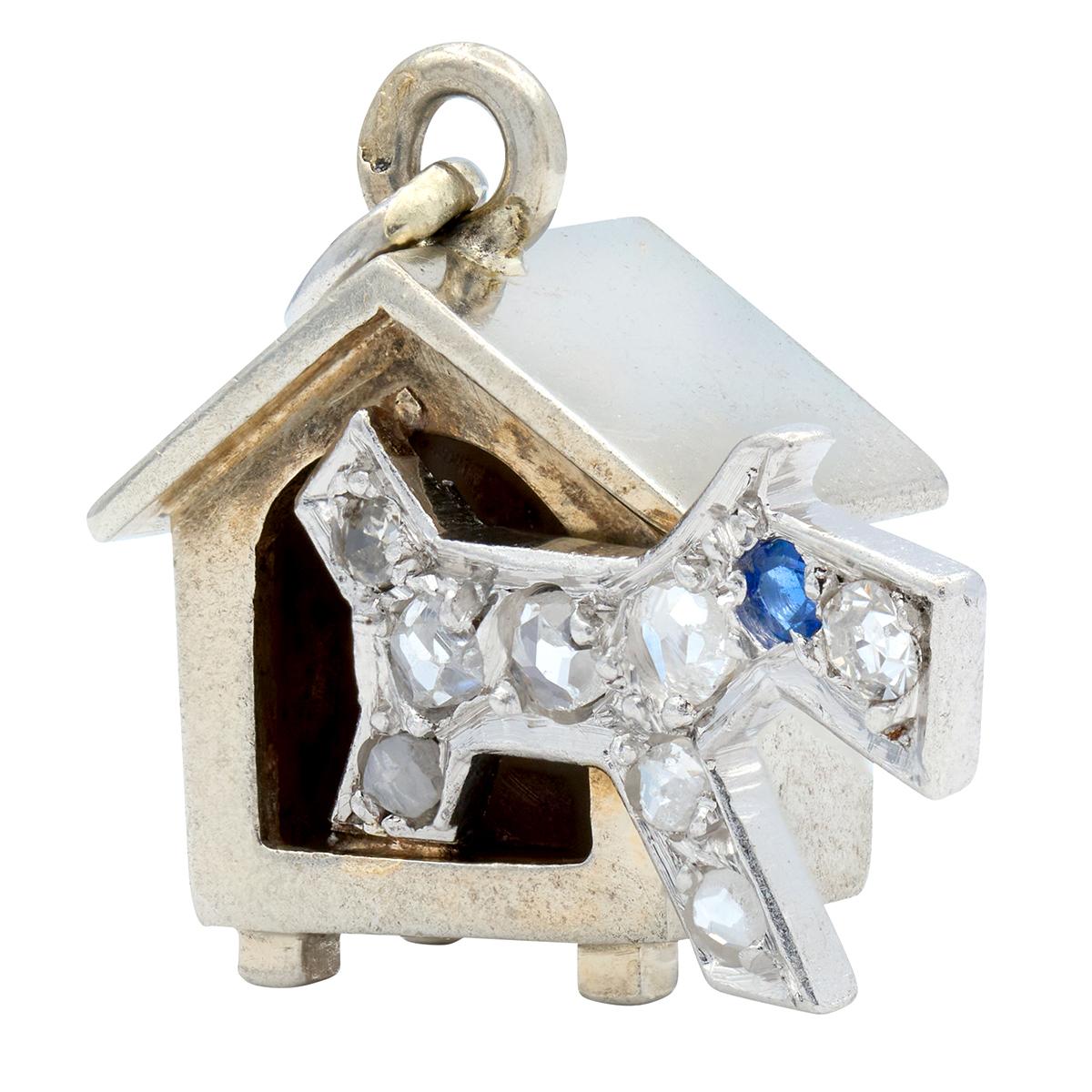 French 1930's Diamond Sapphire 18K White Gold Platinum Vintage Dog House Charm