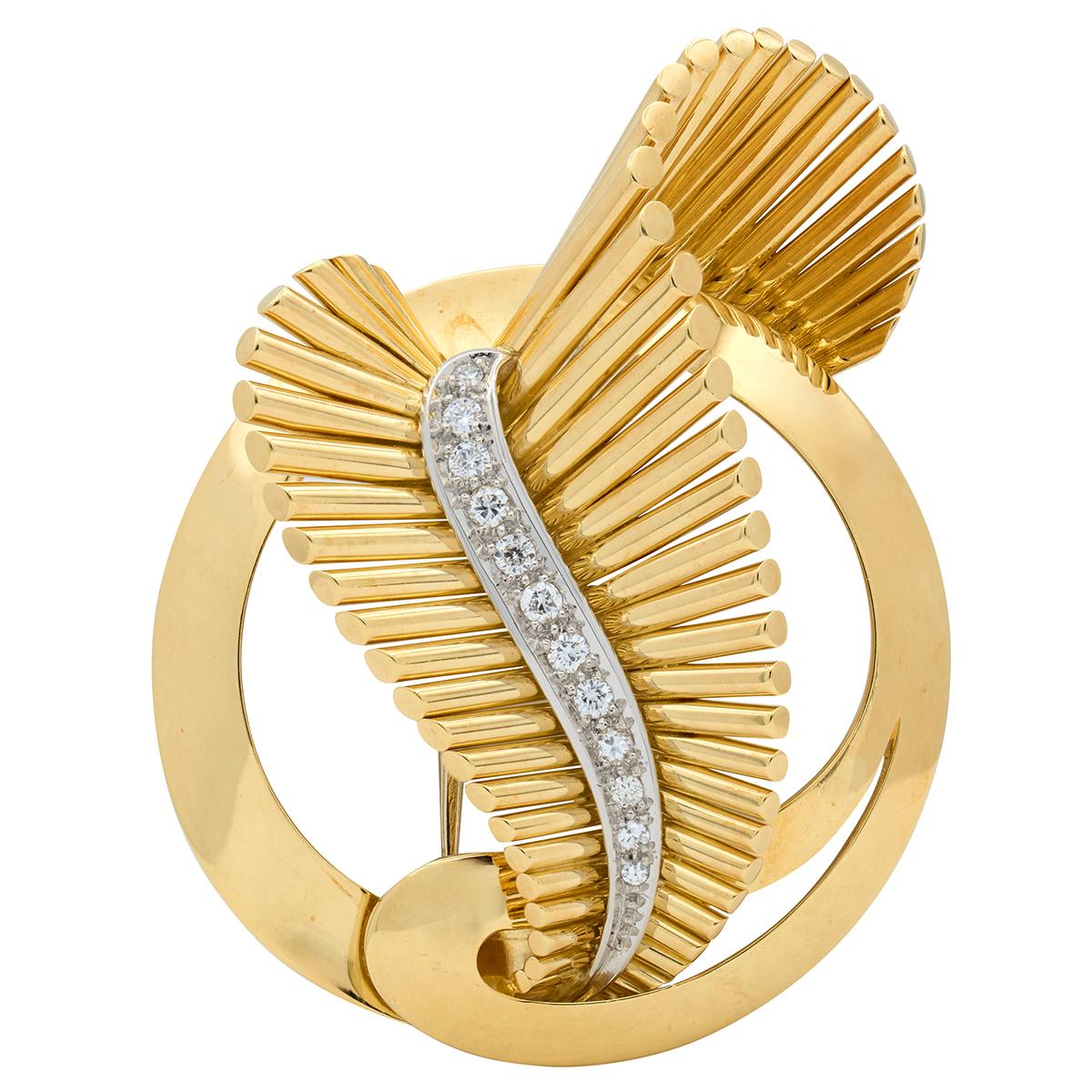Gubelin Mid-Century Diamond 18 Karat Yellow Gold Platinum Vintage Scroll Brooch