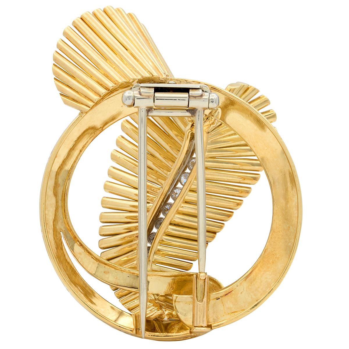 Gubelin Mid-Century Diamond 18 Karat Yellow Gold Platinum Vintage Scroll Brooch