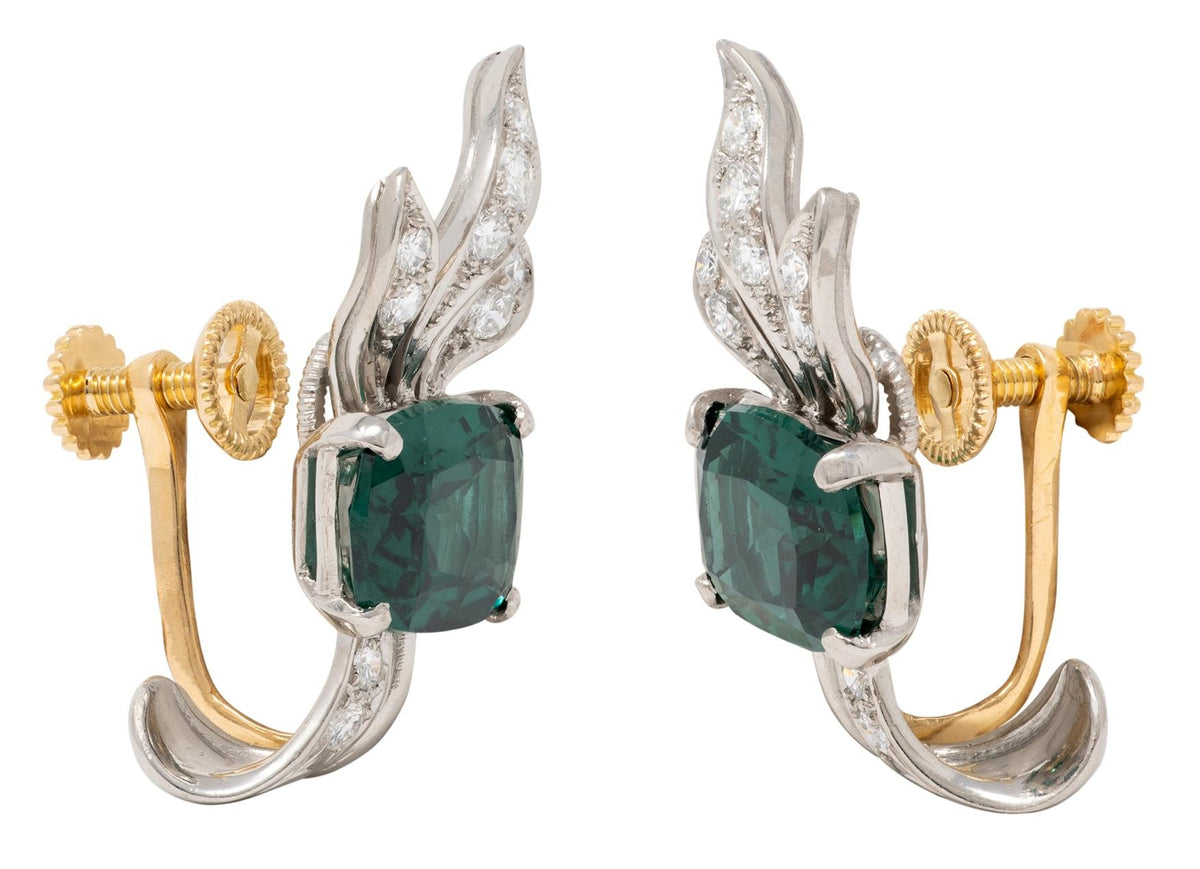 Tiffany & Co. 1940's Tourmaline Diamond Platinum 18 Karat Gold Vintage Earrings