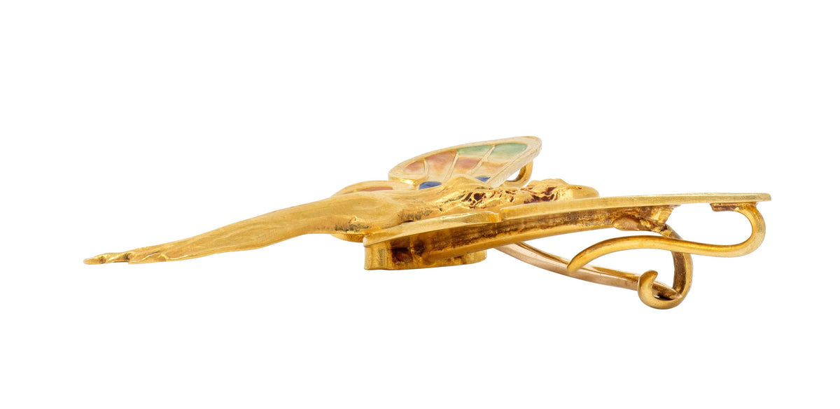 Art Nouveau Enamel 14 Karat Yellow Gold Antique Fairy Brooch