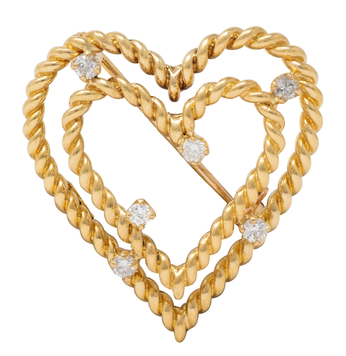 Tiffany & Co. 1960's Diamond 18 Karat Gold Vintage Twisted Rope Heart Brooch