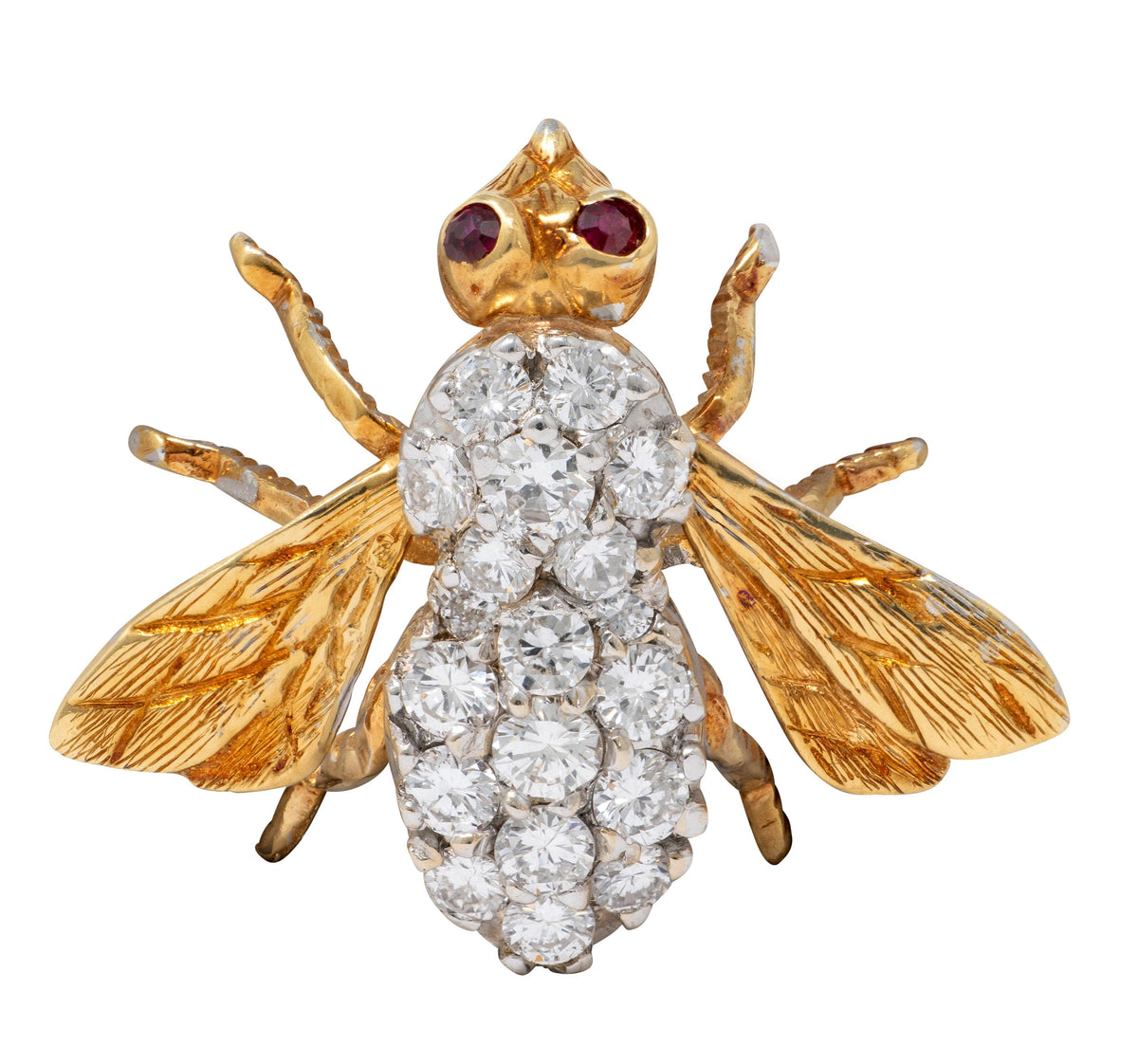 2000's 1.30 CTW Diamond Ruby 18 Karat Yellow Gold Contemporary Bee Brooch