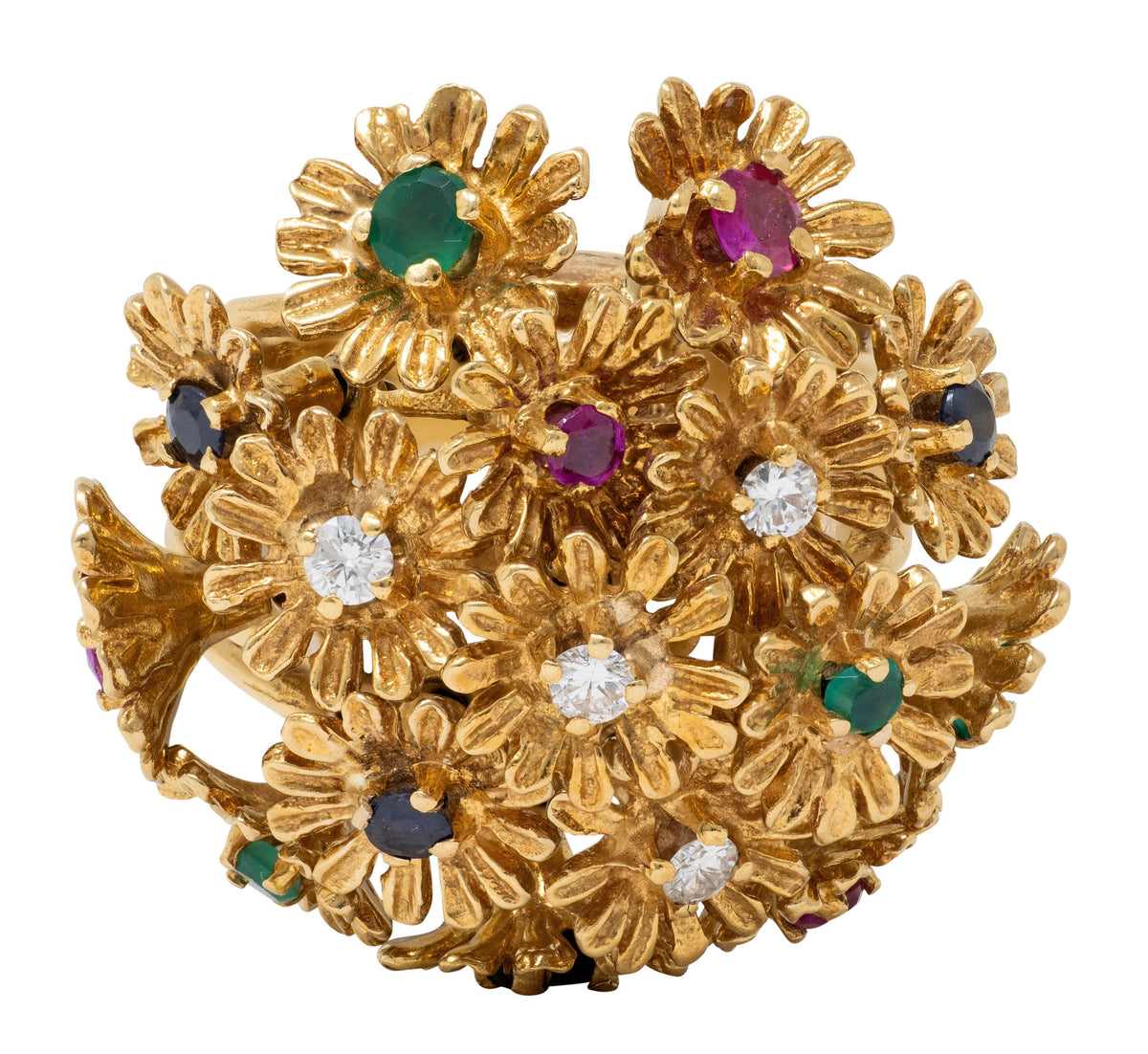 1960's Multi-Gem 18 Karat Yellow Gold Vintage En Tremblant Flower Ring