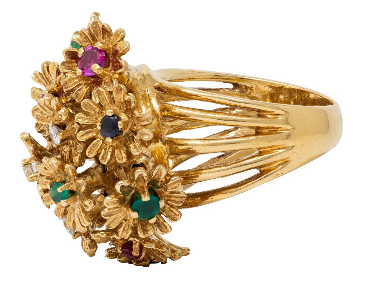 1960's Multi-Gem 18 Karat Yellow Gold Vintage En Tremblant Flower Ring