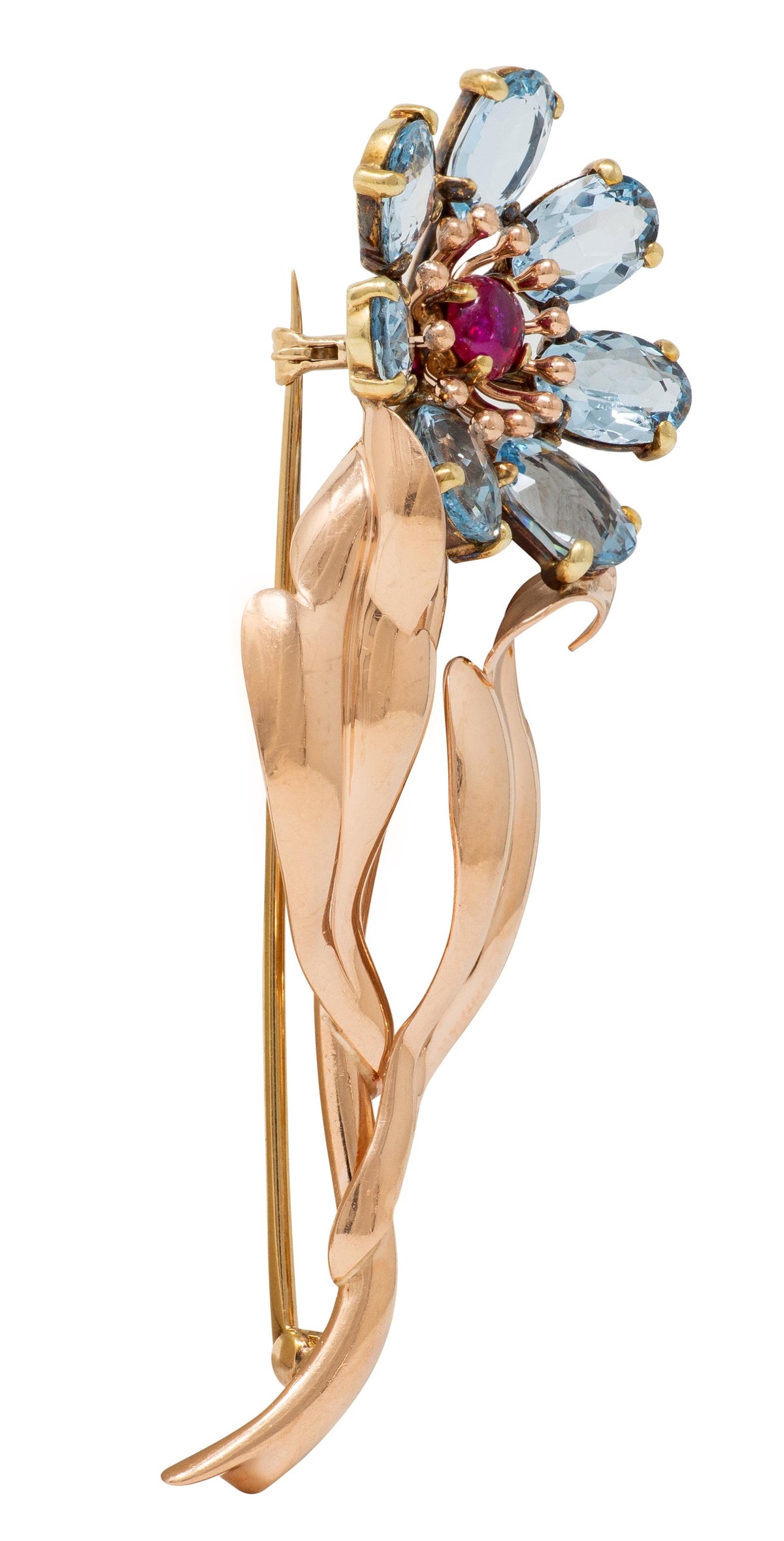 Retro 7.80 CTW Aquamarine Ruby 14 Karat Two-Tone Gold Vintage Flower Brooch