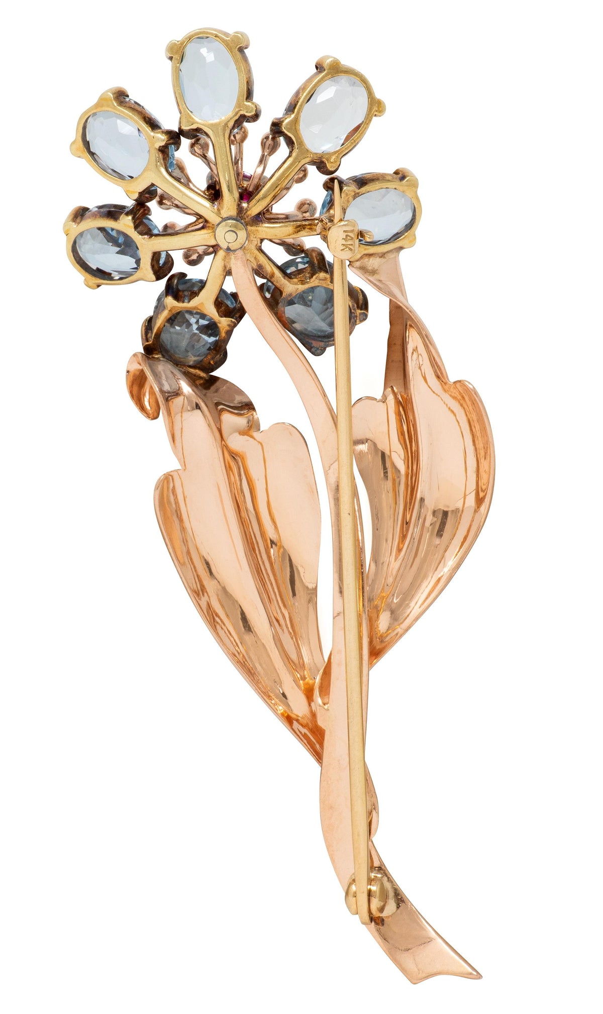Retro 7.80 CTW Aquamarine Ruby 14 Karat Two-Tone Gold Vintage Flower Brooch
