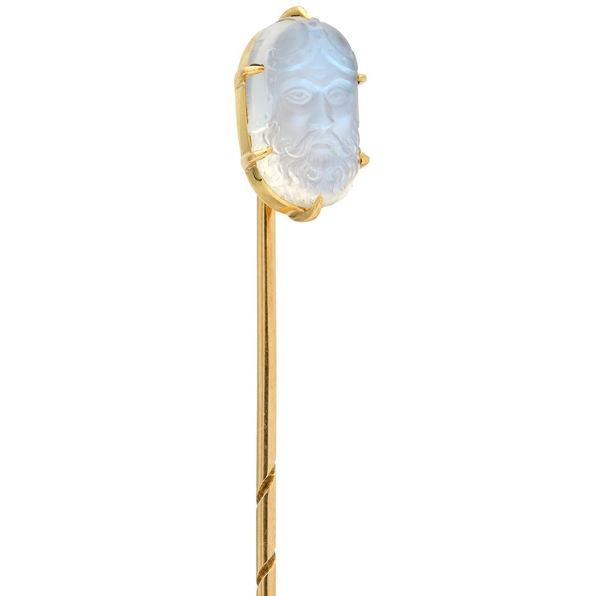 Victorian Carved Cameo Moonstone 14 Karat Yellow Gold Antique Warrior Stickpin
