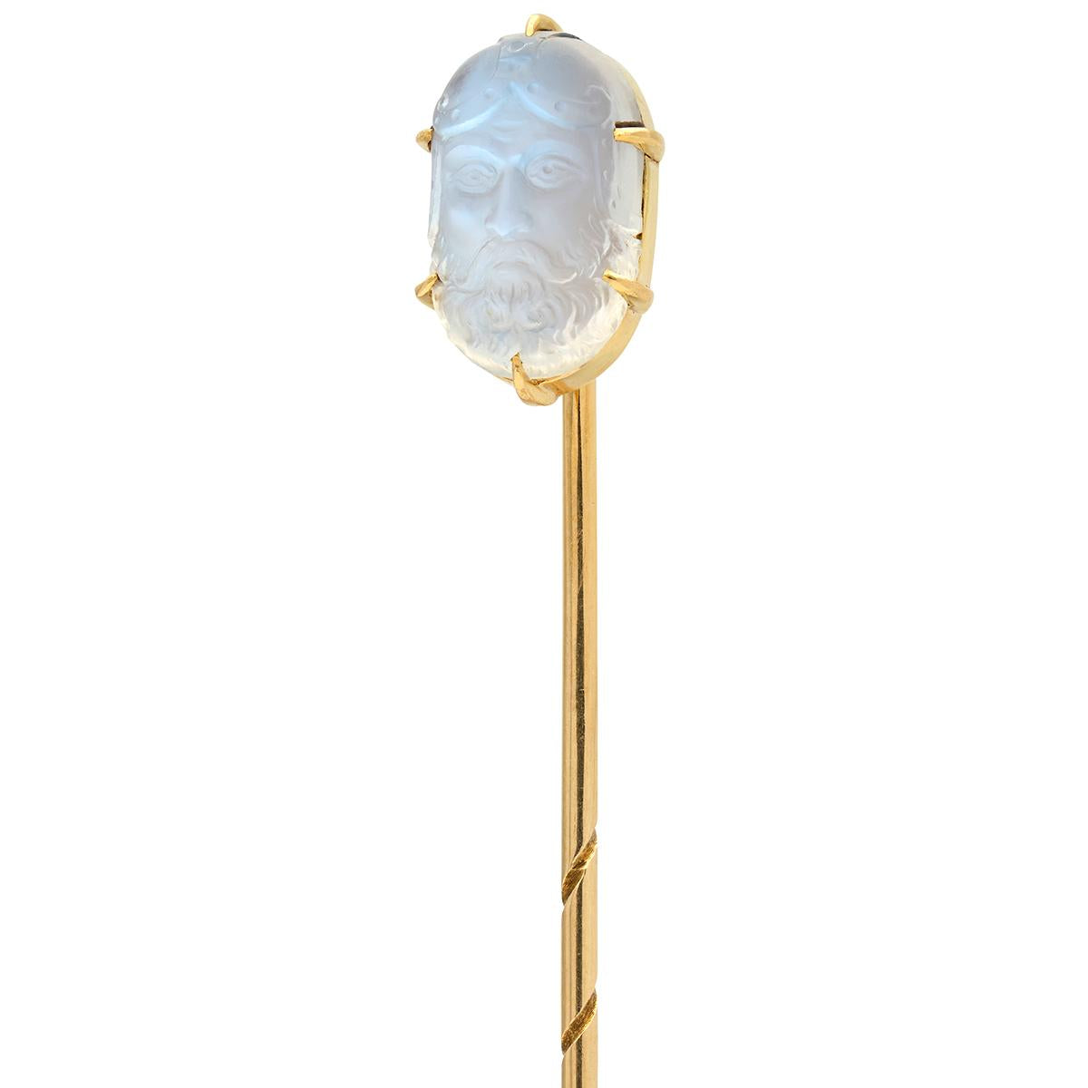 Victorian Carved Cameo Moonstone 14 Karat Yellow Gold Antique Warrior Stickpin