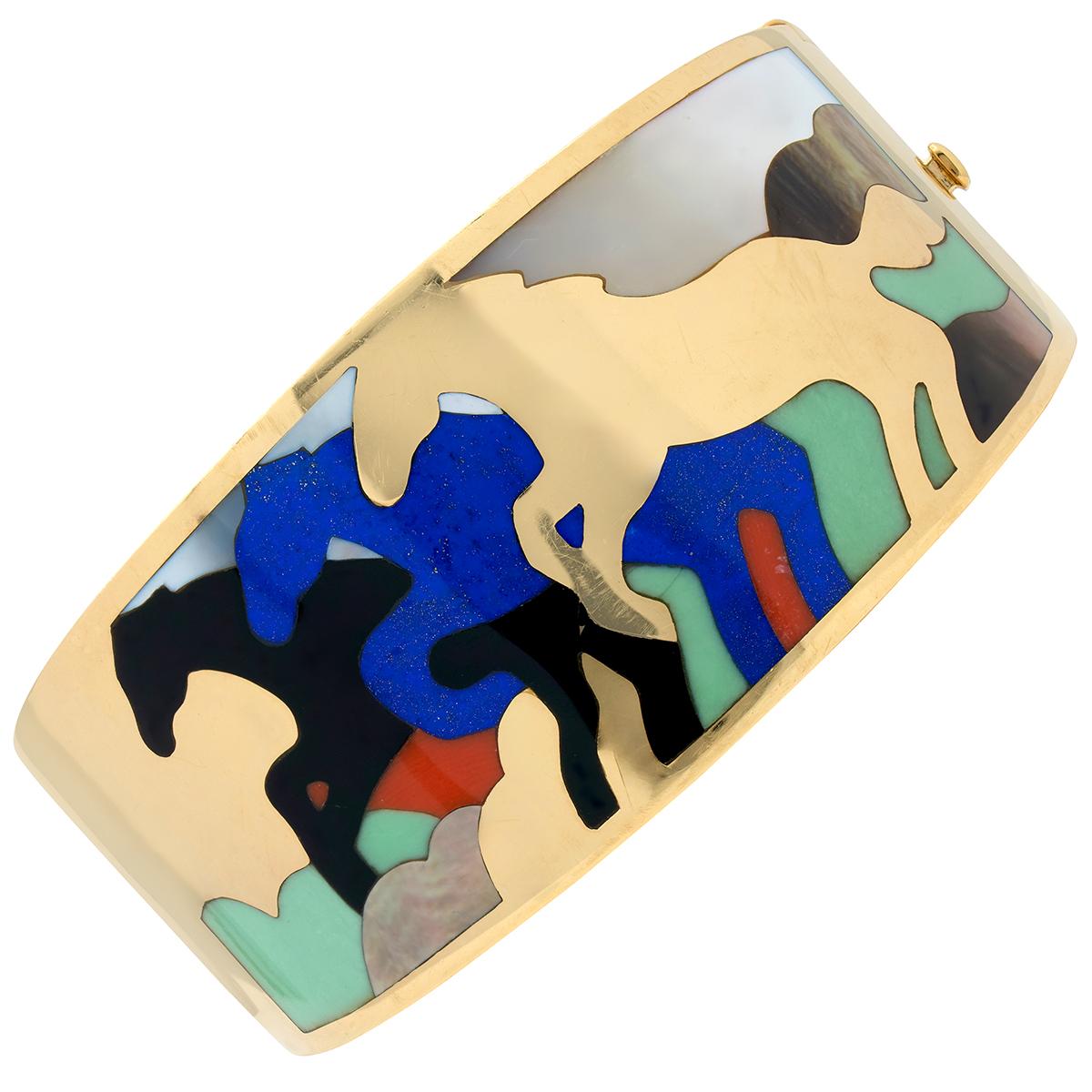 Asch Grossbardt 1980's Multi-Gem 14K Gold Vintage Horse Inlay Bangle Bracelet