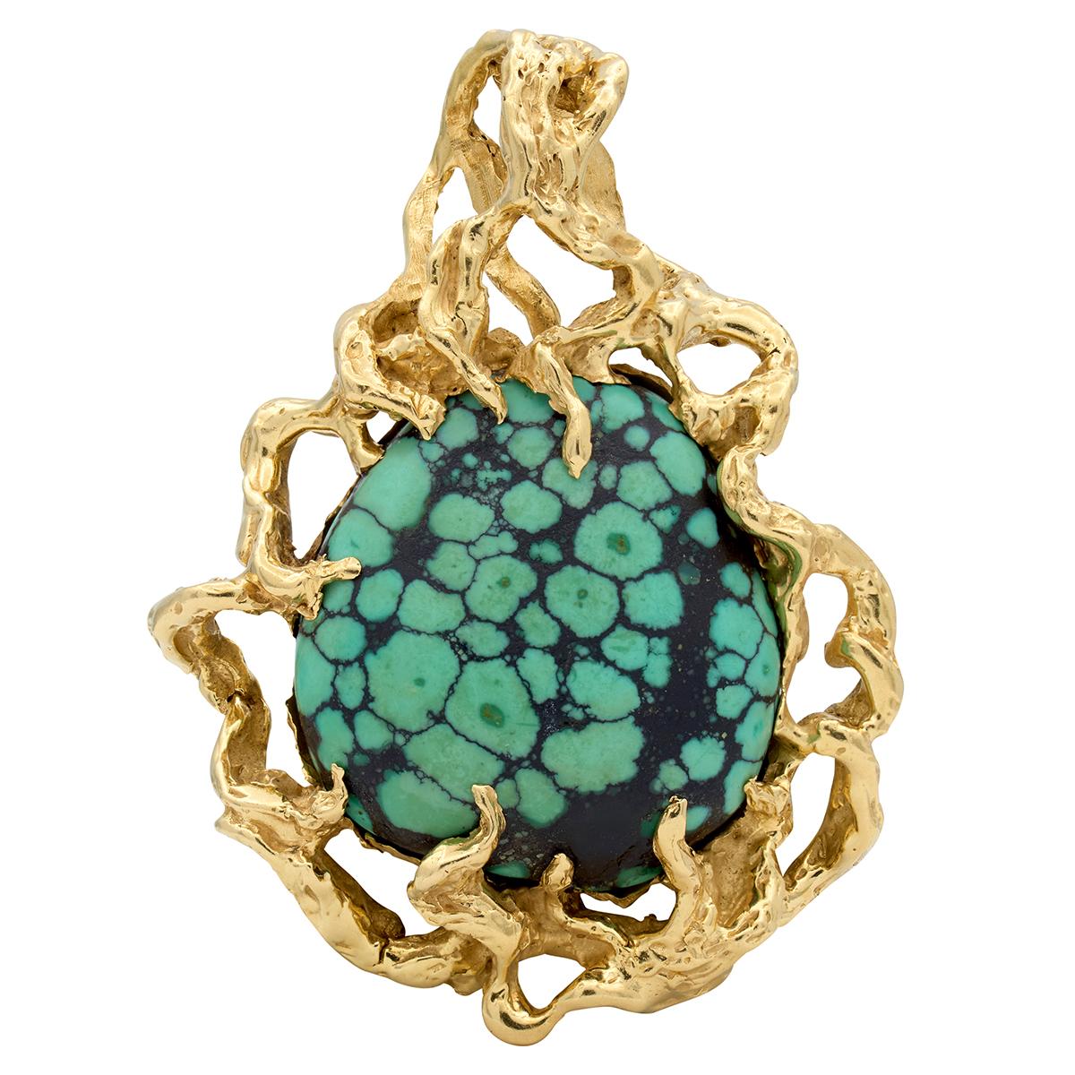 Arthur King 1970's Turquoise 18 Karat Yellow Gold Vintage Brutalist Pendant