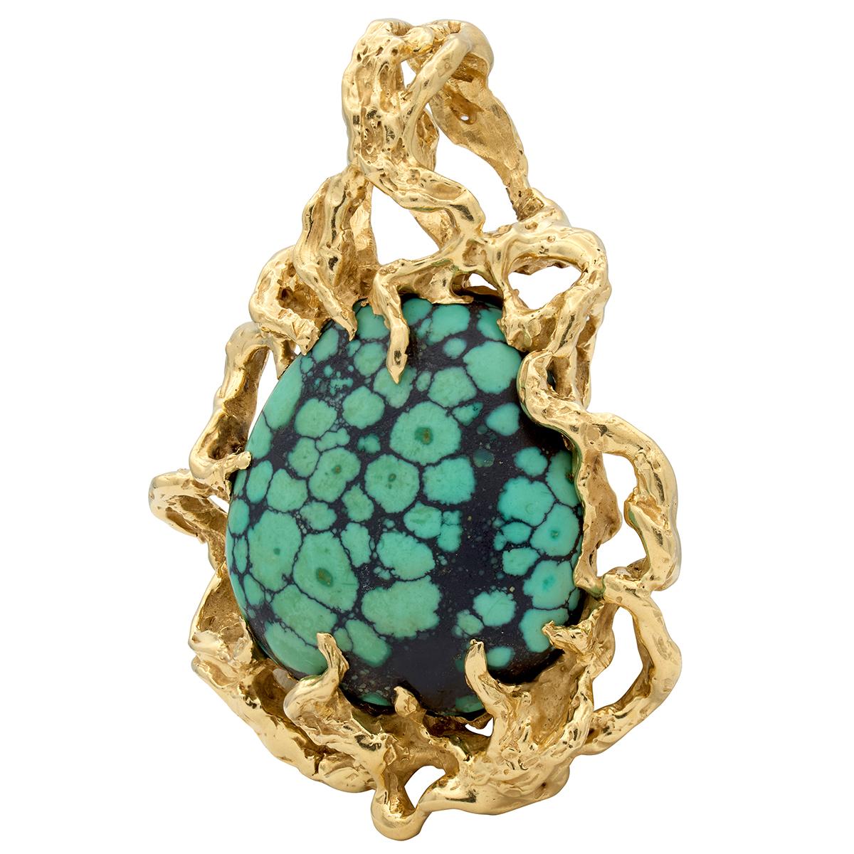 Arthur King 1970's Turquoise 18 Karat Yellow Gold Vintage Brutalist Pendant