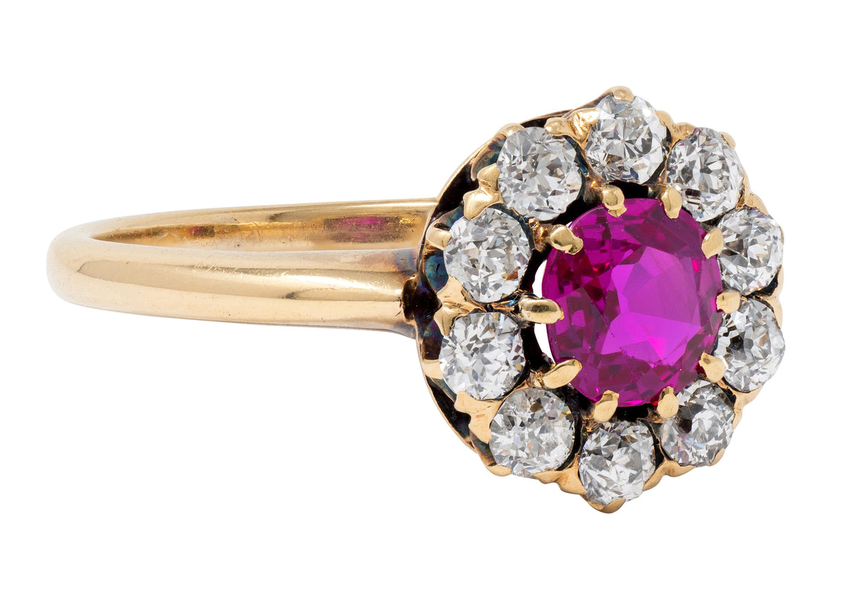 Victorian 1.25 CTW Pink Sapphire Diamond 14 Karat Yellow Gold Antique Halo Ring