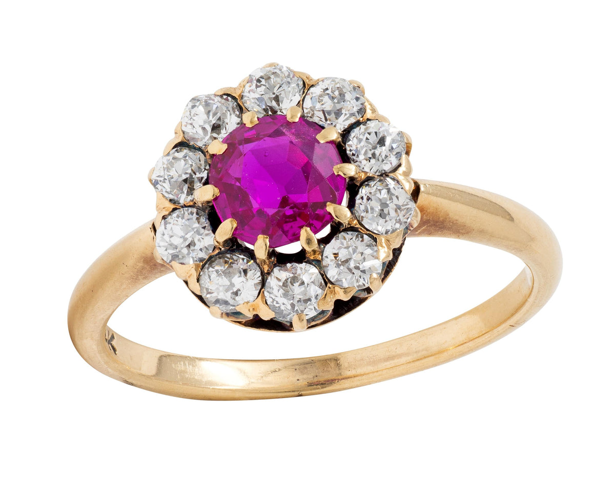 Victorian 1.25 CTW Pink Sapphire Diamond 14 Karat Yellow Gold Antique Halo Ring