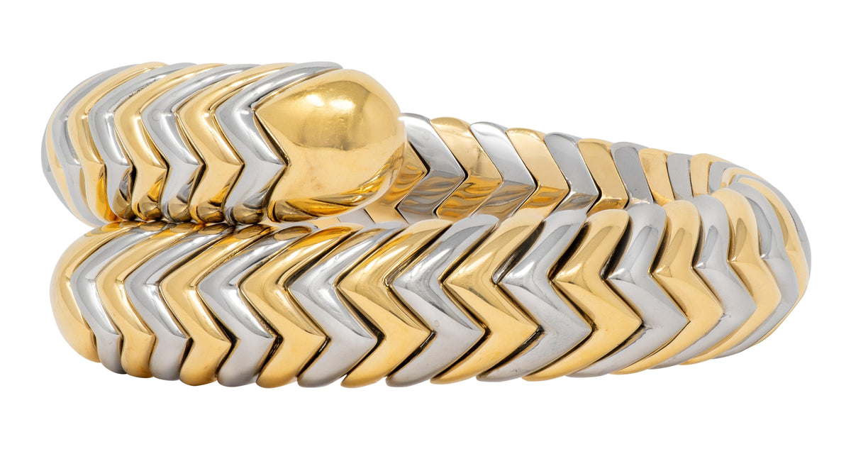 Bulgari 18K Yellow Gold Stainless Steel Spiga Chevron Vintage Bangle Bracelet