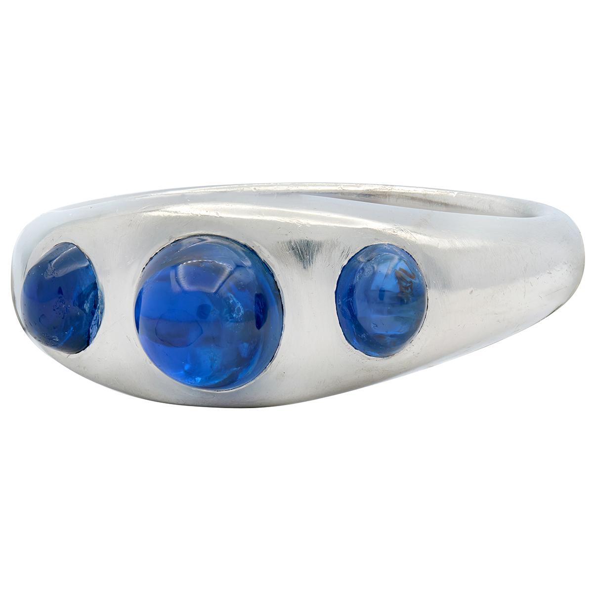 Art Deco 1.66 CTW Sapphire Cabochon Platinum Vintage Three Stone Ring