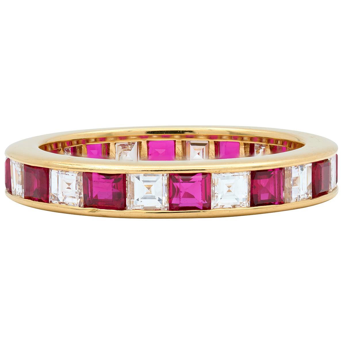 Contemporary 2.64 CTW Diamond Ruby 18 Karat Yellow Gold Channel Band Ring